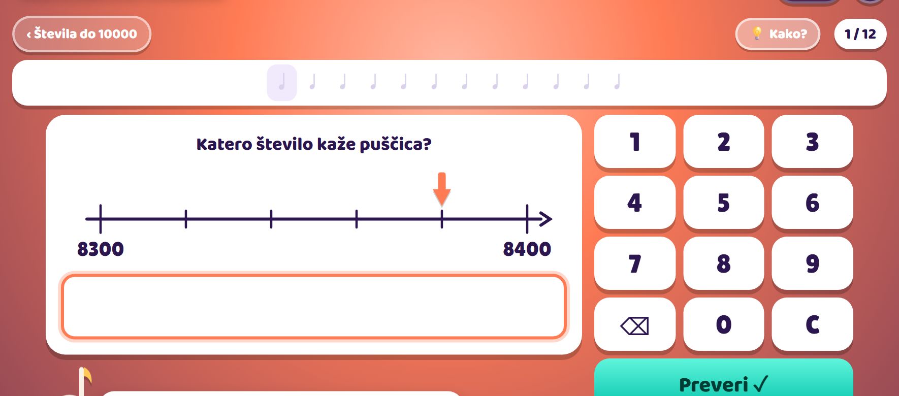 Naloga na številskem traku: tapni, kje je število, med 1300 in 1400.