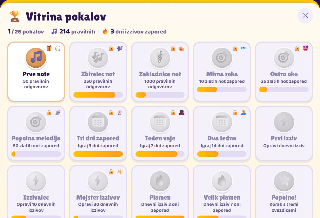 Vitrina pokalov: prvi pokal Prve note je osvojen, ostali kažejo napredek.